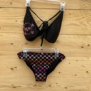 Hot Water 2 piece, black, pink & orange bikini.